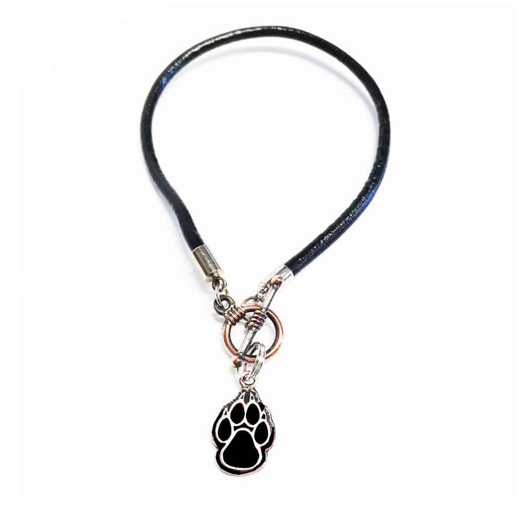 Leather Toggle Bracelet with Black Lobo Paw