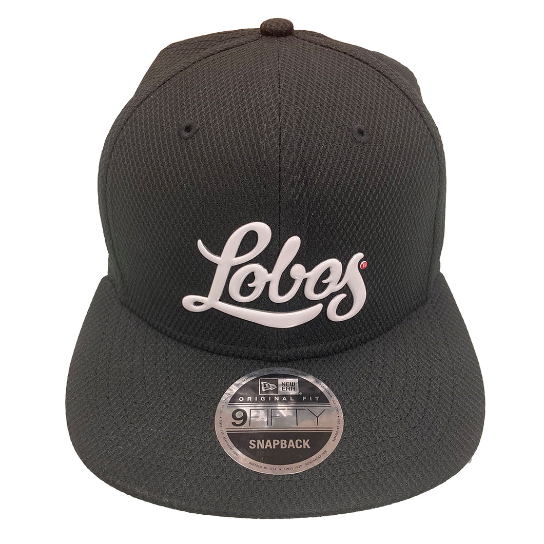 New Era Flat Bill Snapback Black Hat with White Lobos Script